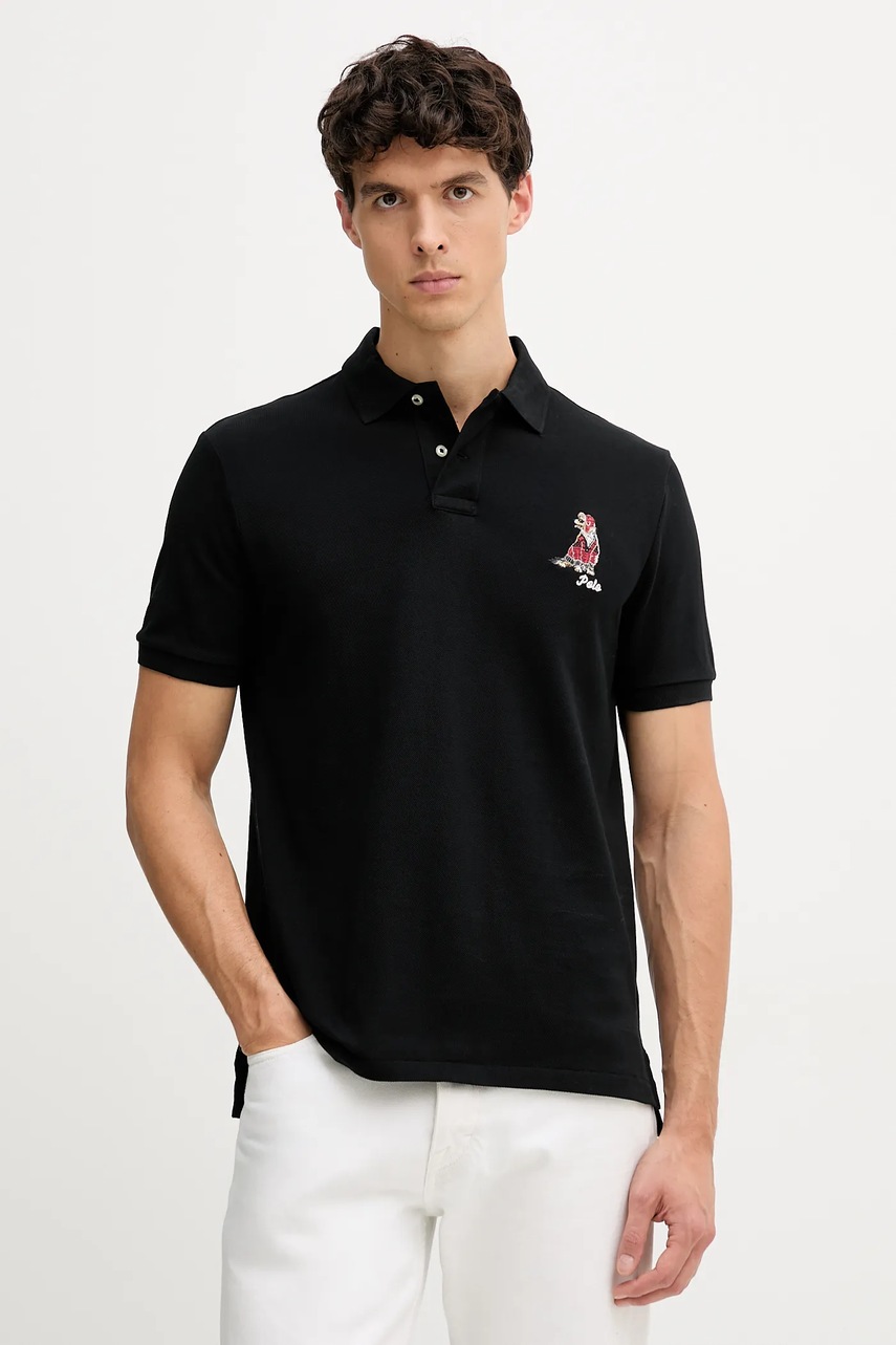 Levně Bavlněné polo tričko Polo Ralph Lauren pánské, černá barva, s aplikací, 710P00095