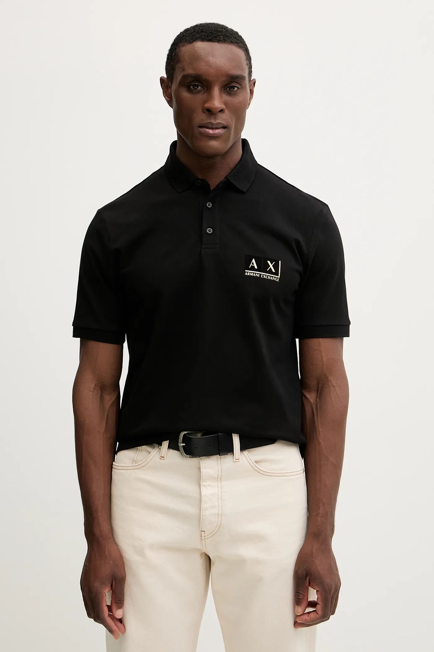 Armani Exchange polo de bumbac culoarea negru, cu imprimeu, XM001885 AF13026