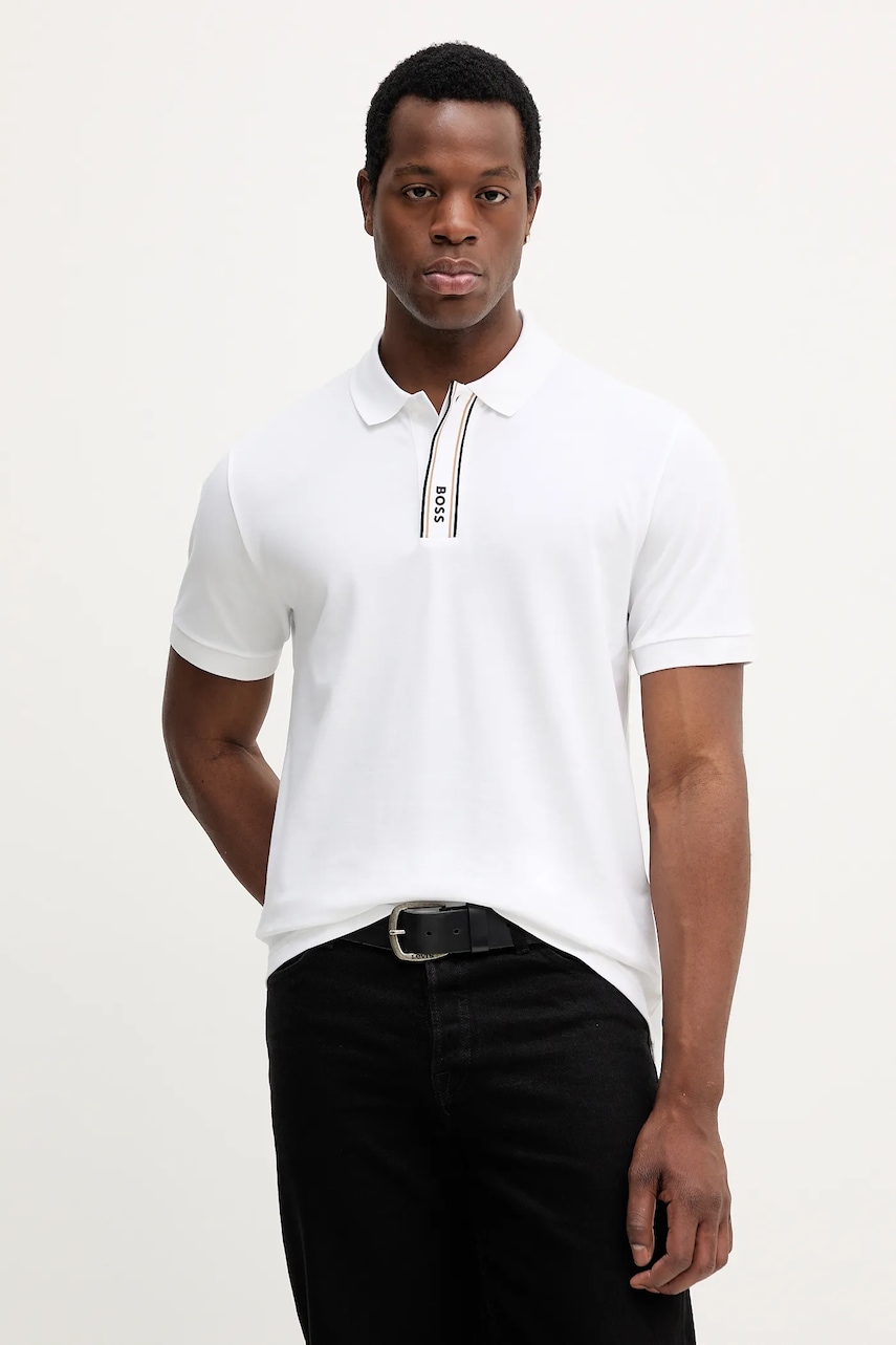 BOSS Green tricou polo culoarea alb, uni, 50549362 BOSS Green tricou polo culoarea alb, uni, 50549362