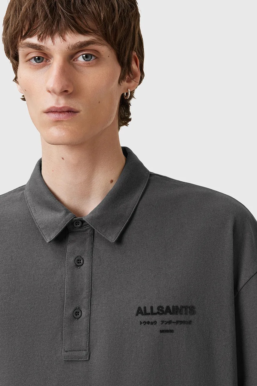 Хлопковое поло AllSaints XANDER цвет серый однотонное M071PC
