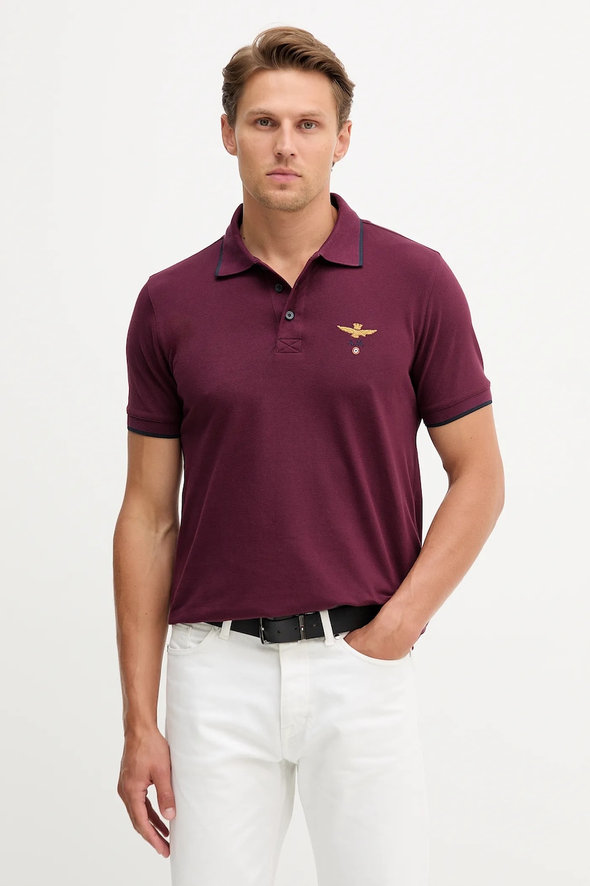 Levně Bavlněné polo tričko Aeronautica Militare pánské, vínová barva, PO1308UP00082