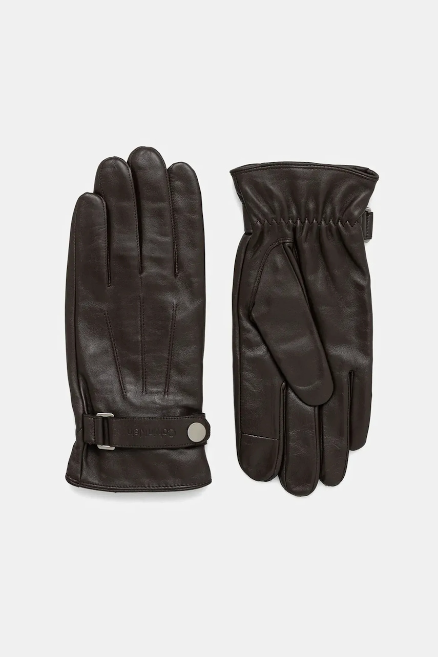Levně Kožené rukavice Calvin Klein pánské, hnědá barva, LV04D8035G