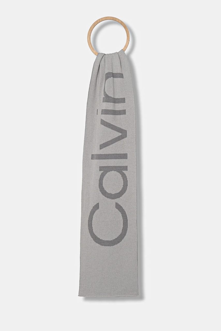 Levně Vlněná šála Calvin Klein pánská, šedá barva, vzorovaná, LV04D8030G