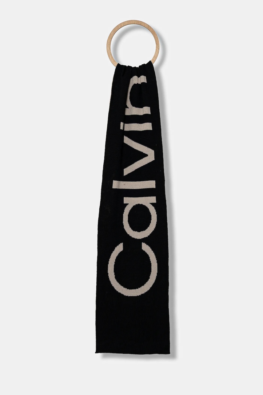 Levně Vlněná šála Calvin Klein pánská, černá barva, vzorovaná, LV04D8030G