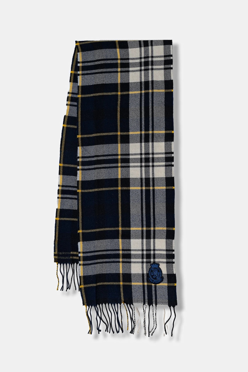 Levně Vlněná šála Tommy Hilfiger pánská, tmavomodrá barva, vzorovaná, AM0AM13599