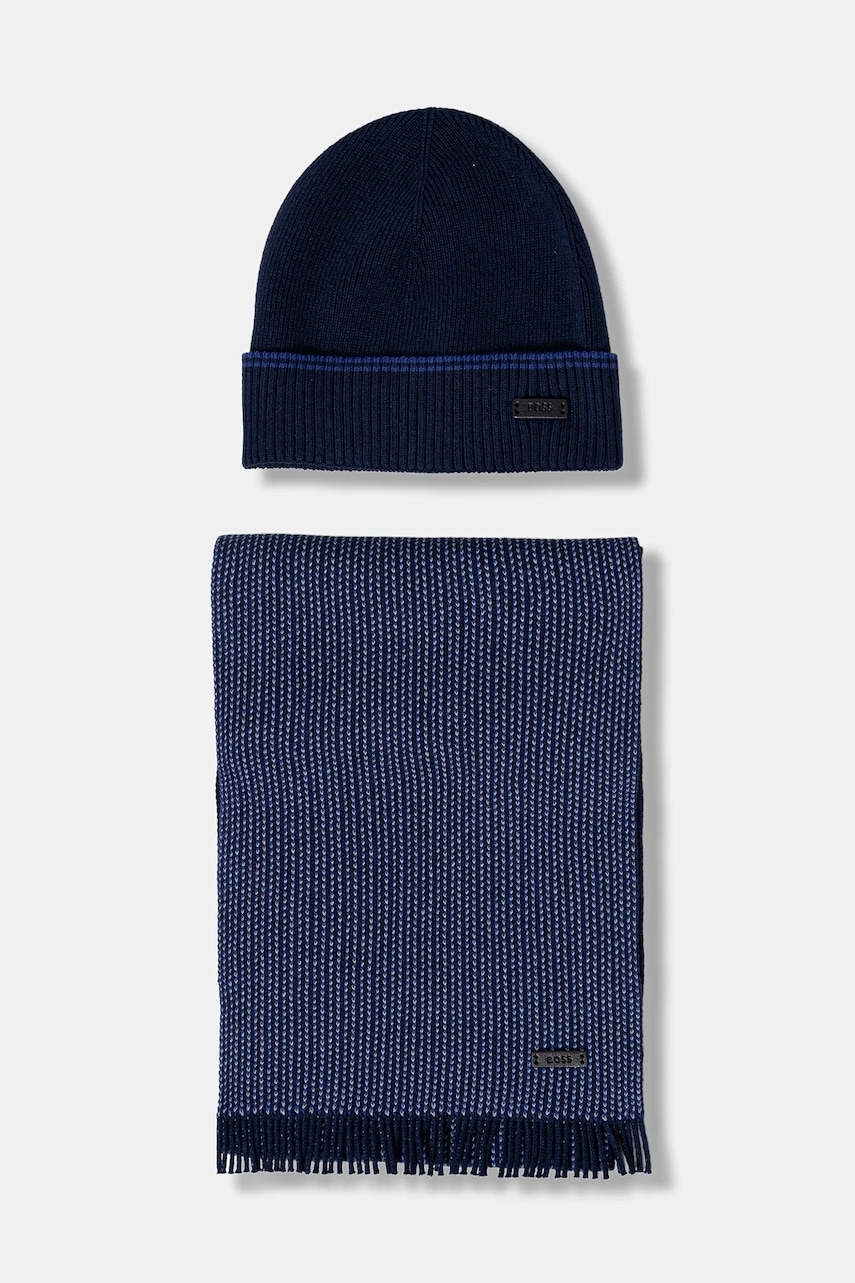 BOSS căciulă și fular din lână culoarea bleumarin, 50548858