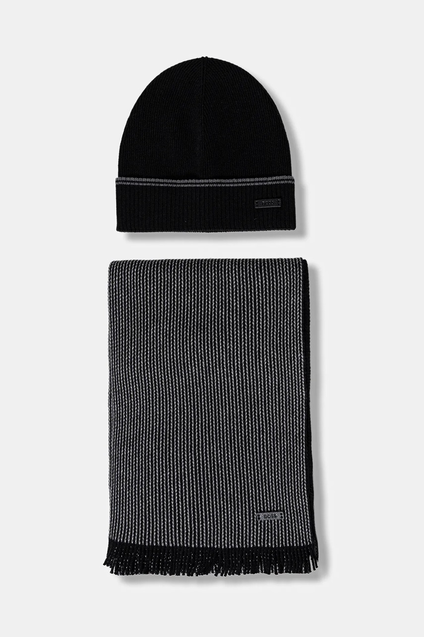 BOSS căciulă și fular din lână culoarea negru, 50548858