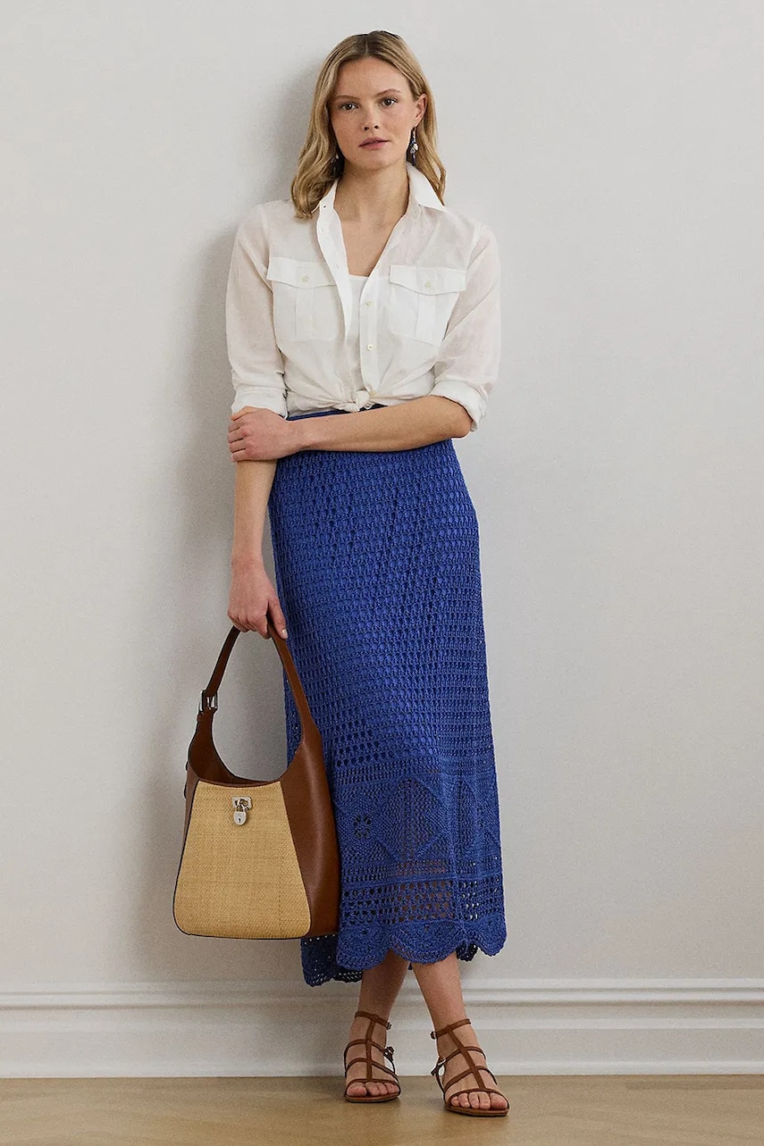 Levně Lněná sukně Lauren Ralph Lauren modrá barva, midi, 200971148