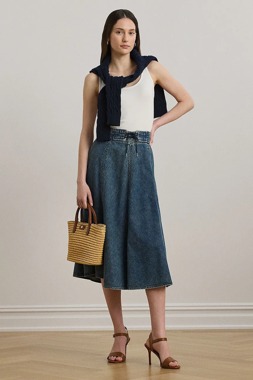 Levně Bavlněná džínová sukně Lauren Ralph Lauren modrá barva, midi, áčková, 200971265