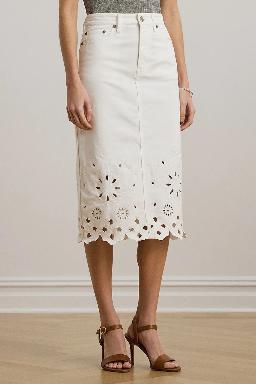 Джинсовая юбка Lauren Ralph Lauren цвет белый midi прямая 200978819 Джинсовая юбка Lauren Ralph Lauren цвет белый midi прямая 200978819