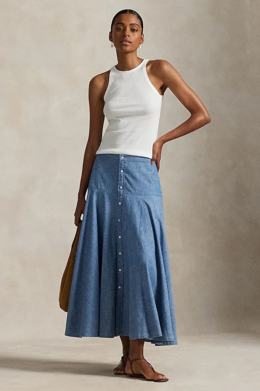 Levně Bavlněná sukně Polo Ralph Lauren modrá barva, maxi, áčková, 211A87465