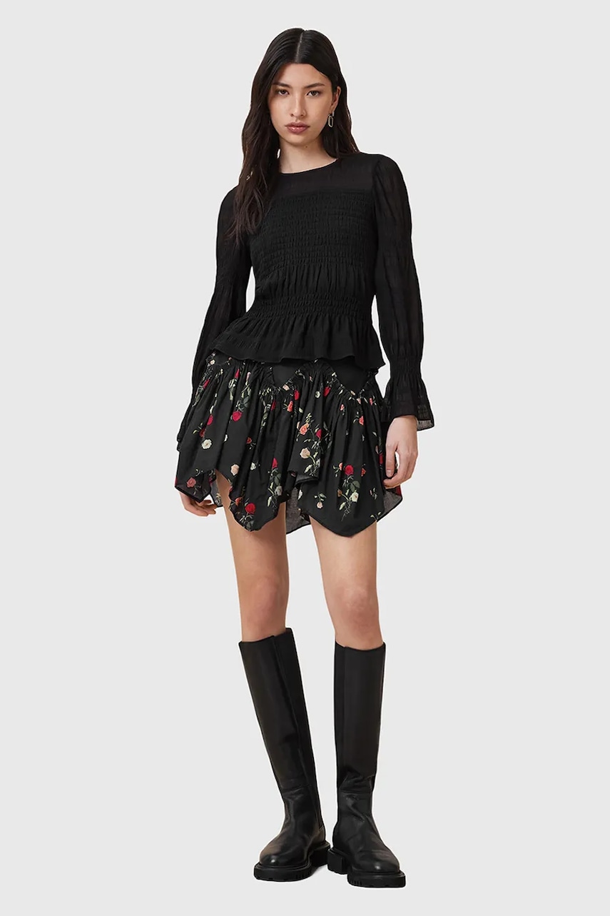 AllSaints fustă din bumbac DELILAH culoarea negru, mini, evazați, W032RC