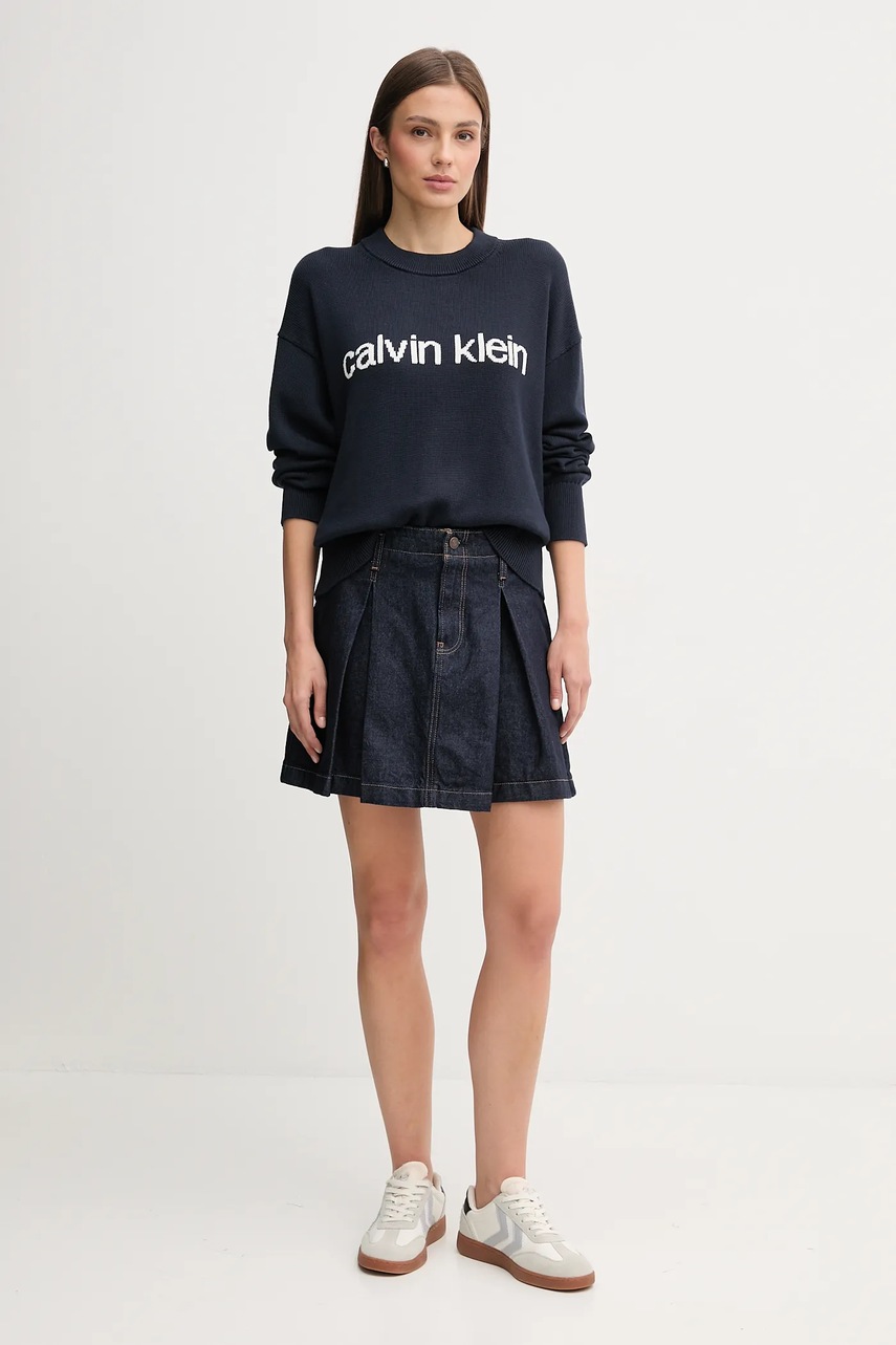 Джинсовая юбка Calvin Klein Jeans цвет синий mini расклешённая LV047C717G Джинсовая юбка Calvin Klein Jeans цвет синий mini расклешённая LV047C717G