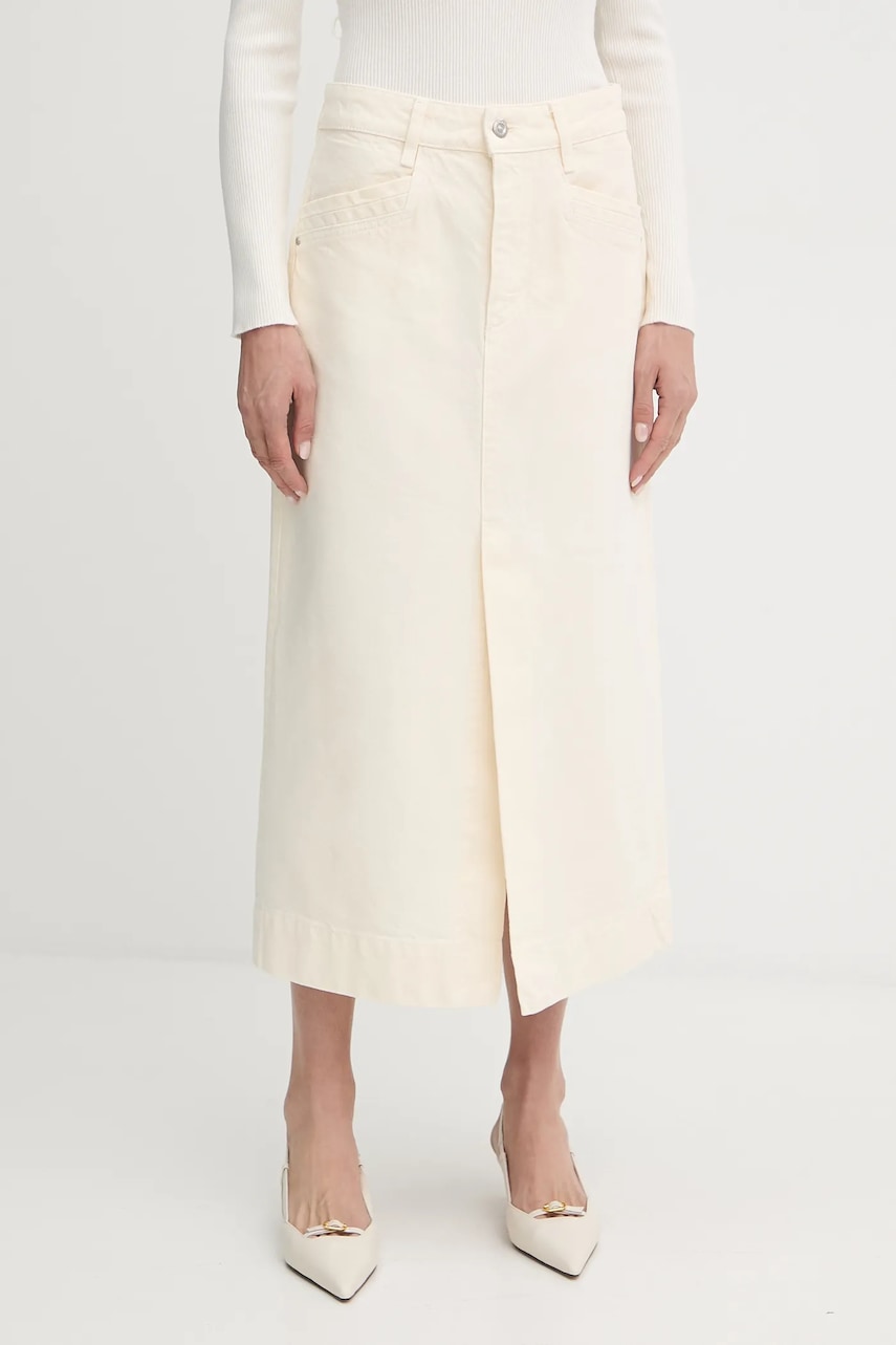 BOSS fustă jeans culoarea bej, maxi, creion, 50542546