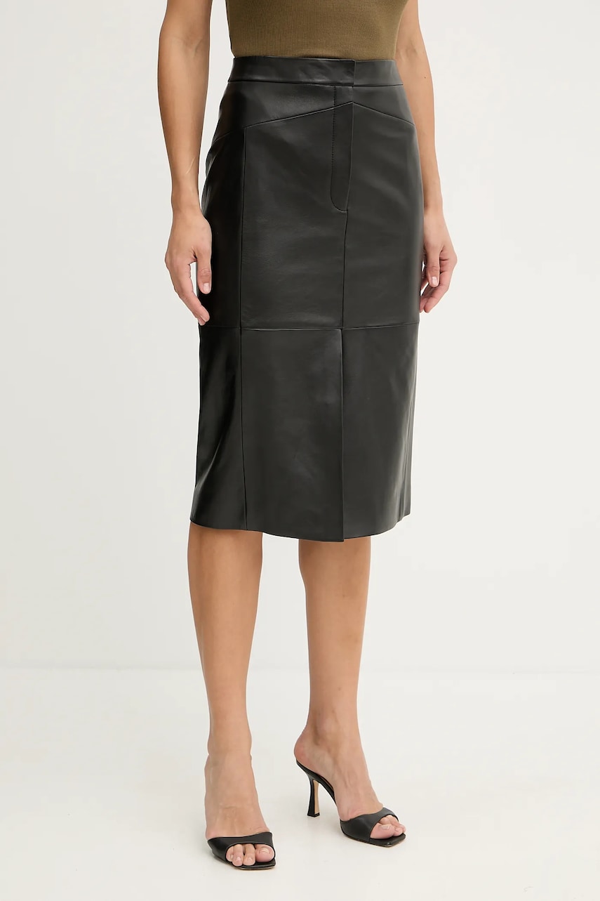 BOSS fustă de piele culoarea negru, midi, drept, 50543188