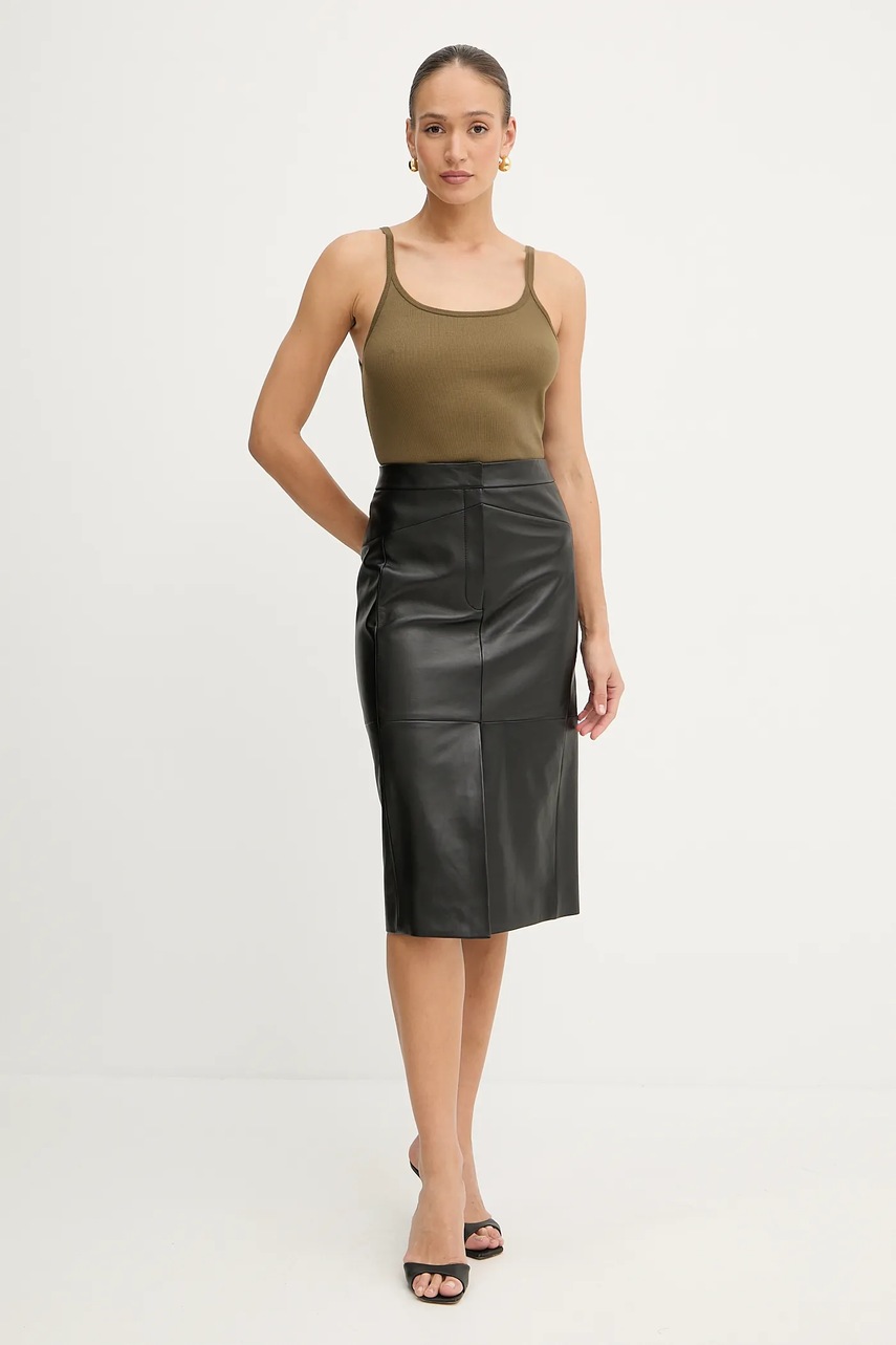 Кожаная юбка BOSS цвет чёрный midi прямая 50543188