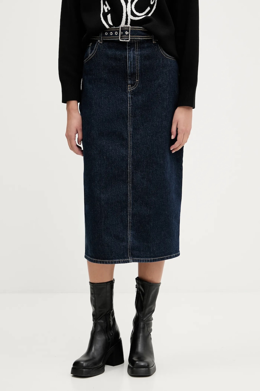 HUGO fustă jeans culoarea bleumarin, midi, drept, 50541495