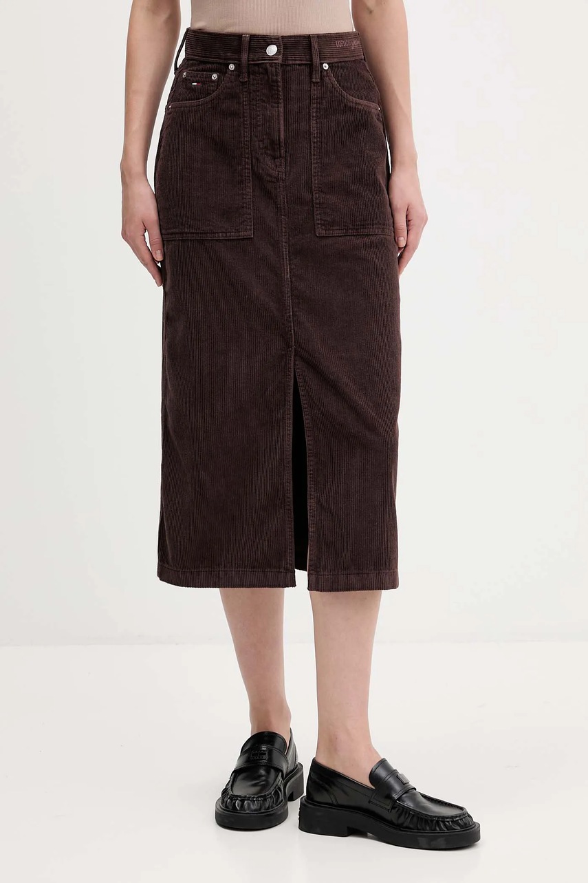 Tommy Jeans fustă din velur culoarea maro, midi, evazați, DW0DW21708