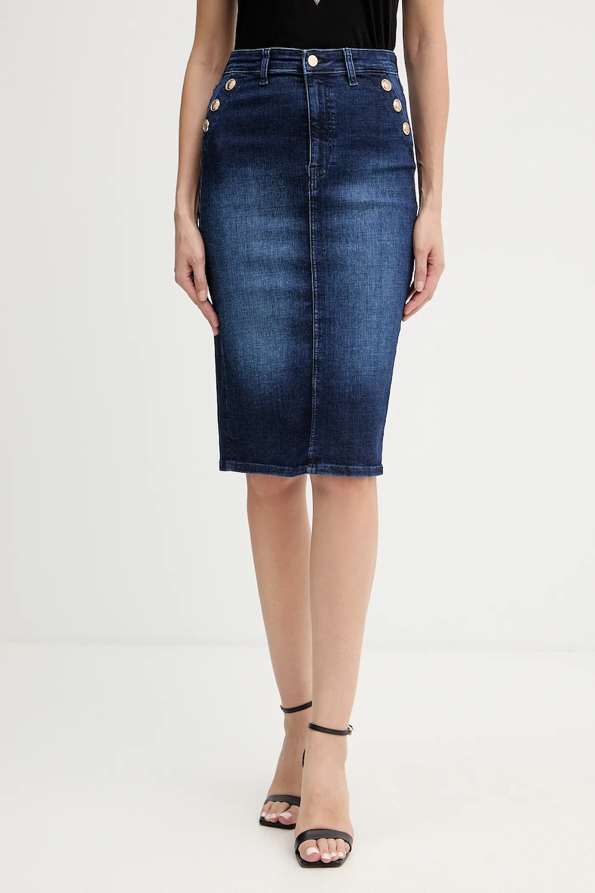 

Дънкова пола Guess RILEY в тъмносиньо среднодълга с кройка тип молив W5BD1T D0791, Тъмносин