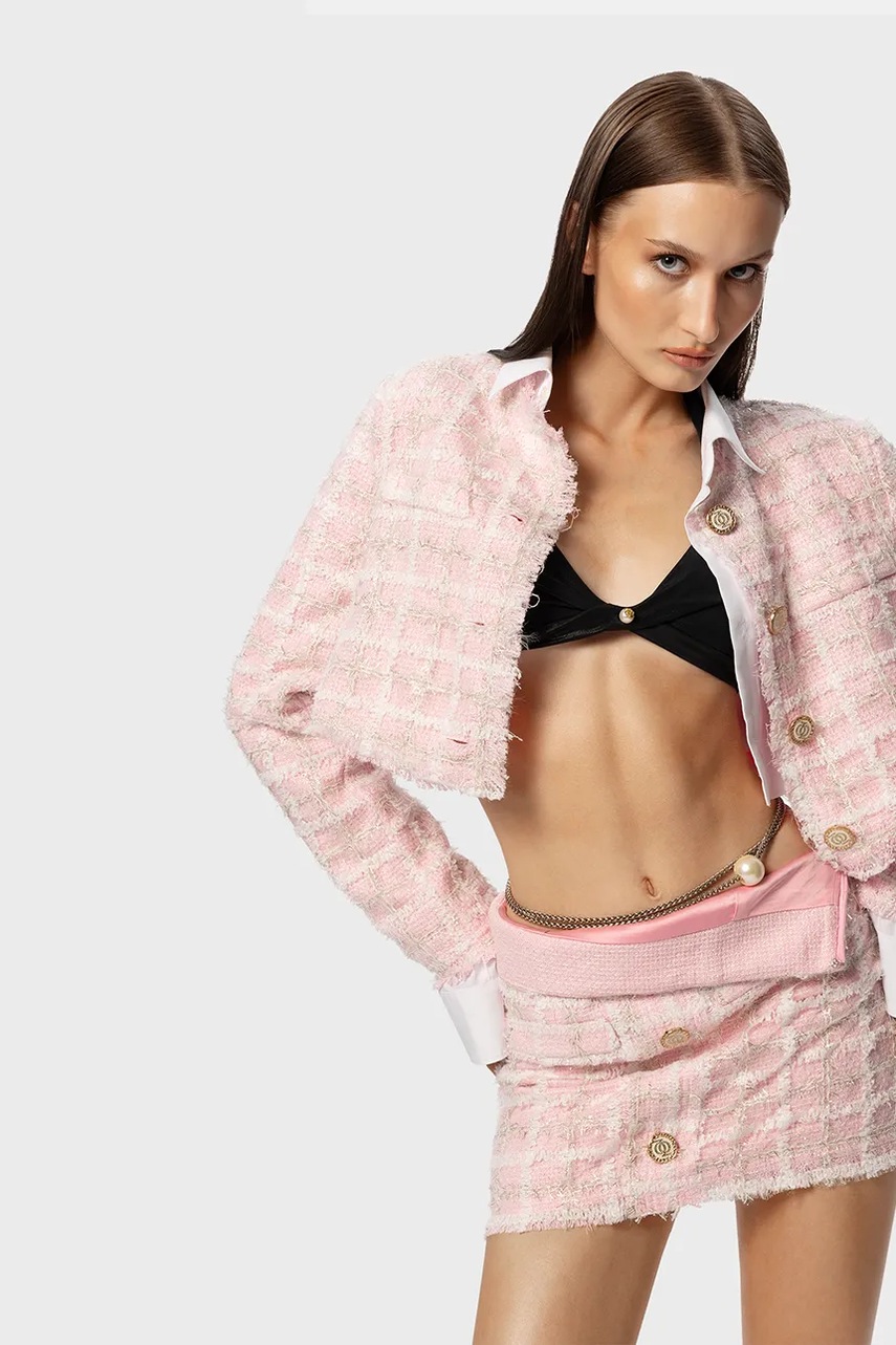 GOD SAVE QUEENS spódnica HIGH PRIORITY TWEED SKIRT kolor różowy mini prosta GSQ-151-321