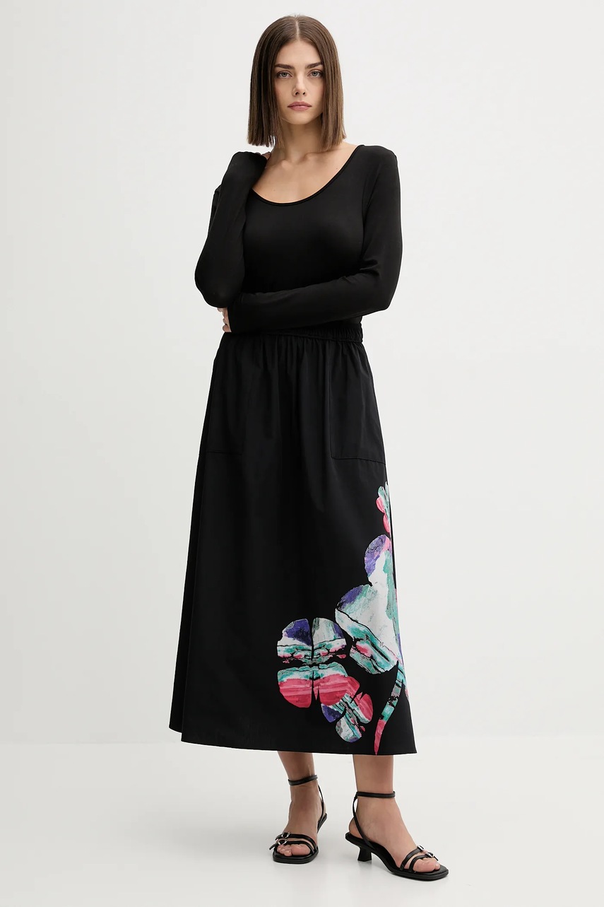 Хлопковая юбка Desigual ELLA LACROIX цвет чёрный midi расклешённая 25WWFW05