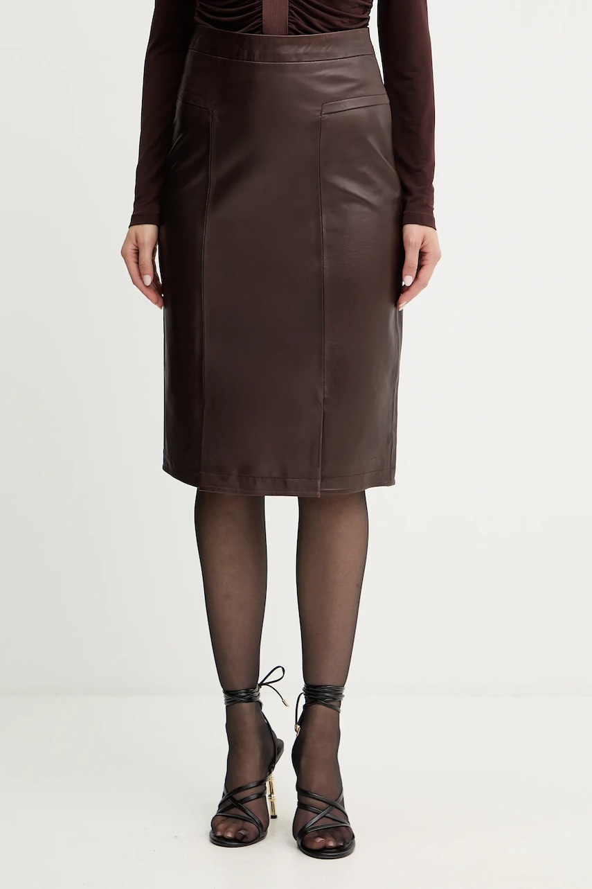 Levně Kožená sukně Herve Leger Estella hnědá barva, mini, WLT3536273