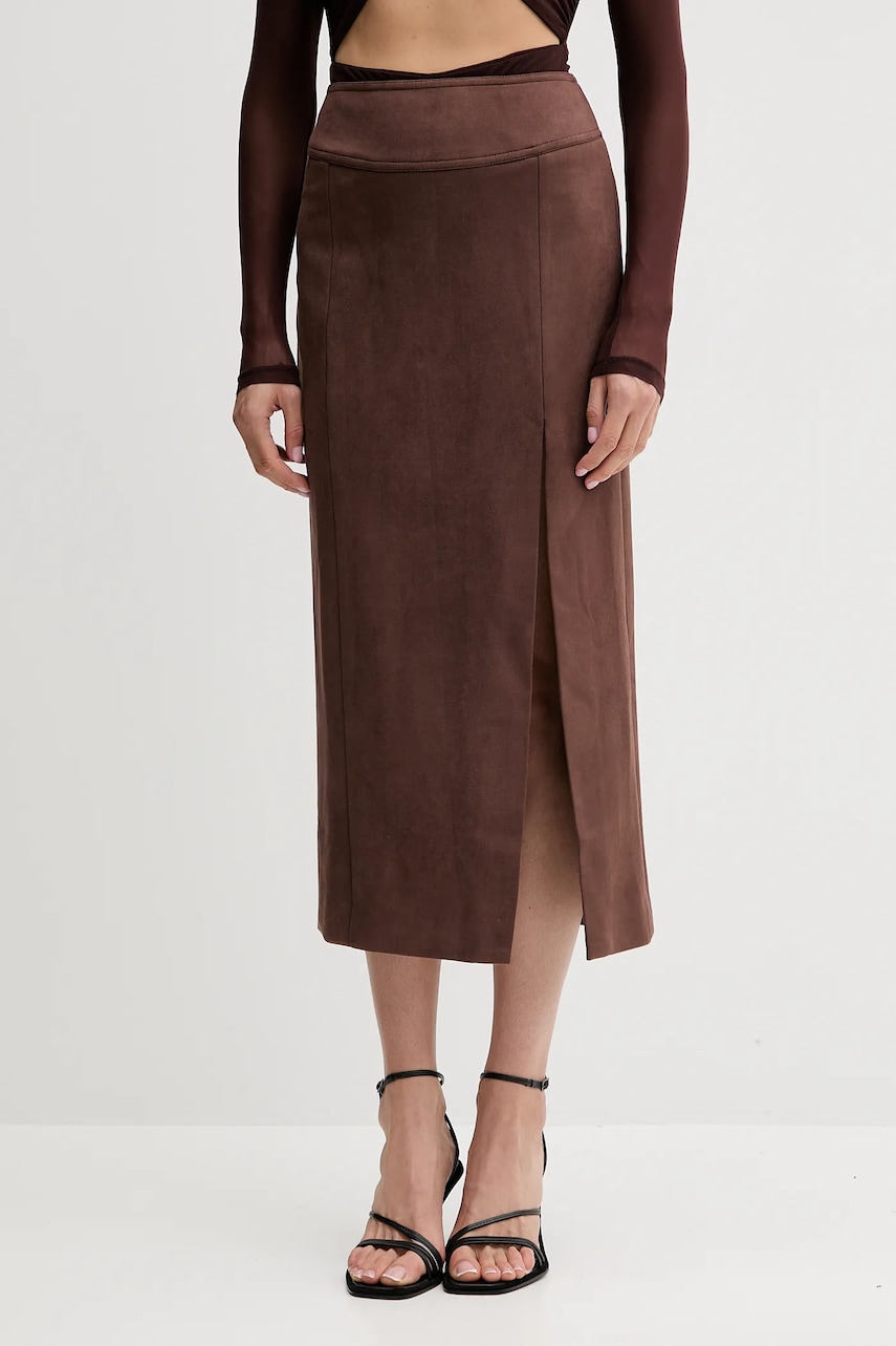Bardot fustă culoarea maro, midi, drept, 58855SB5