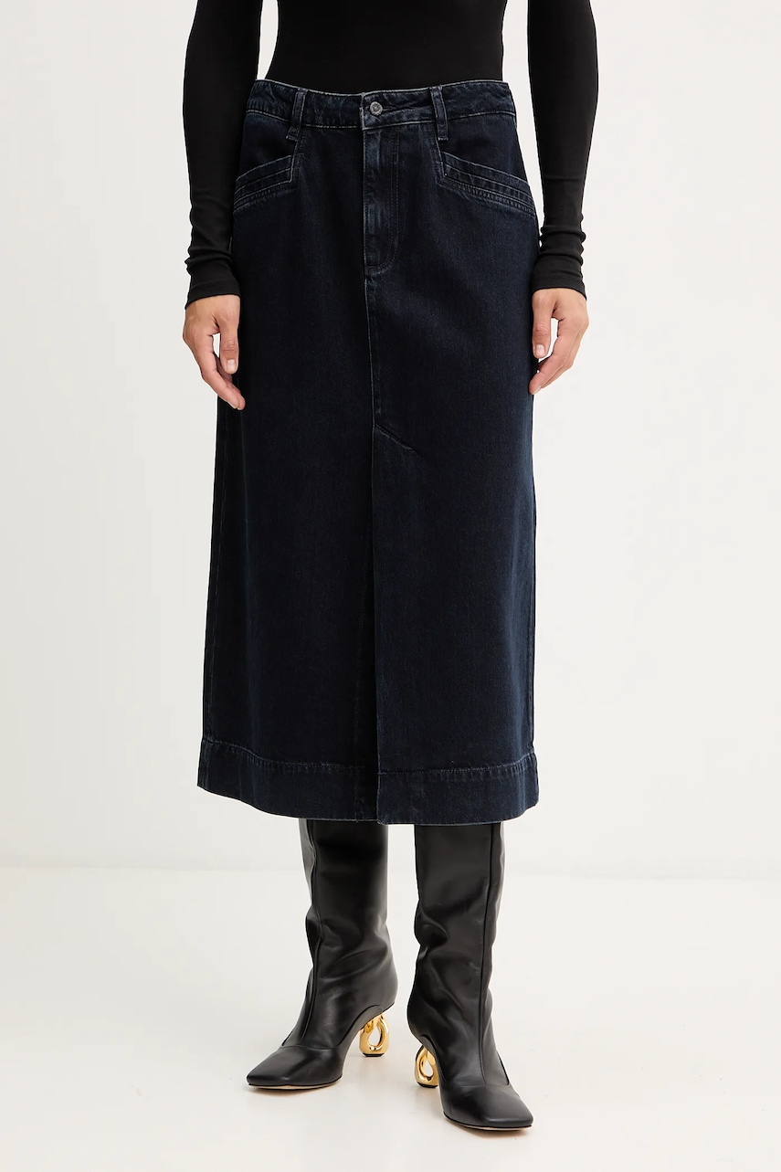 Džínová sukně BOSS SEMAIRE tmavomodrá barva, midi, áčková, 50551422