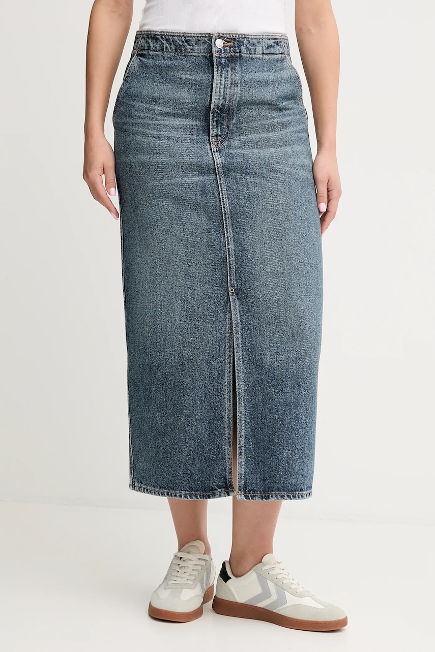 Levně Džínová sukně Calvin Klein Jeans modrá barva, midi, pouzdrová, LV047D724G