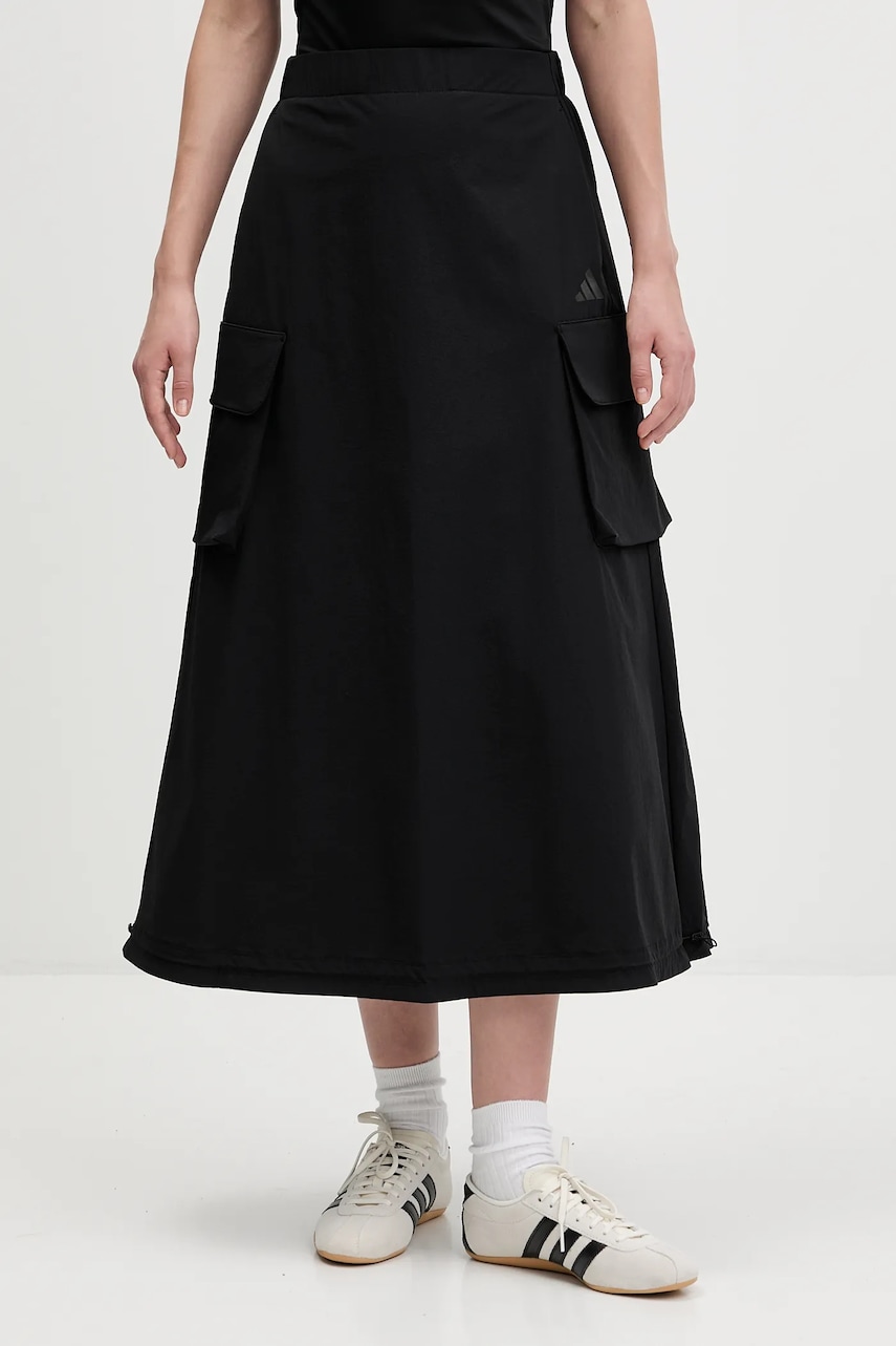 adidas fustă City Tech culoarea negru, midi, evazați, JM8438