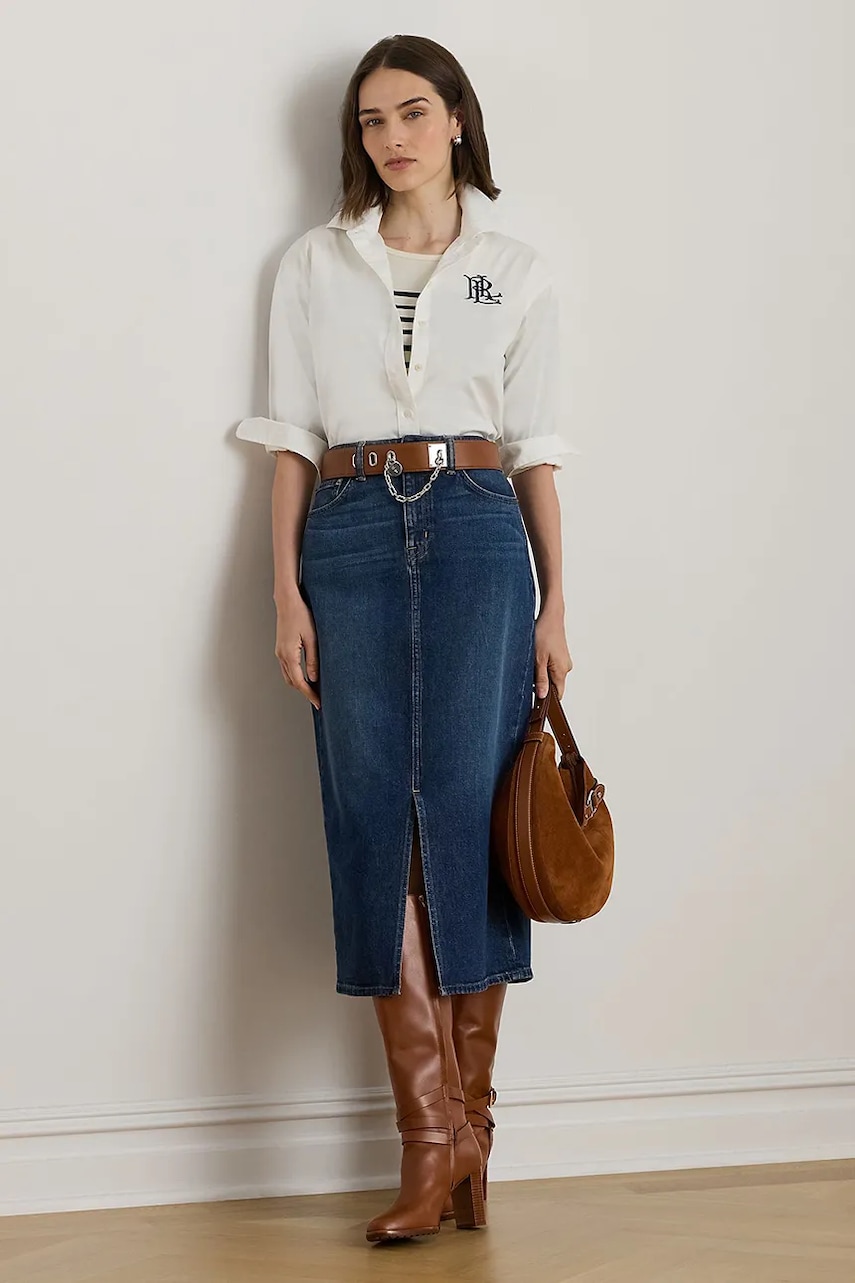 Levně Džínová sukně Lauren Ralph Lauren tmavomodrá barva, midi, 200979973