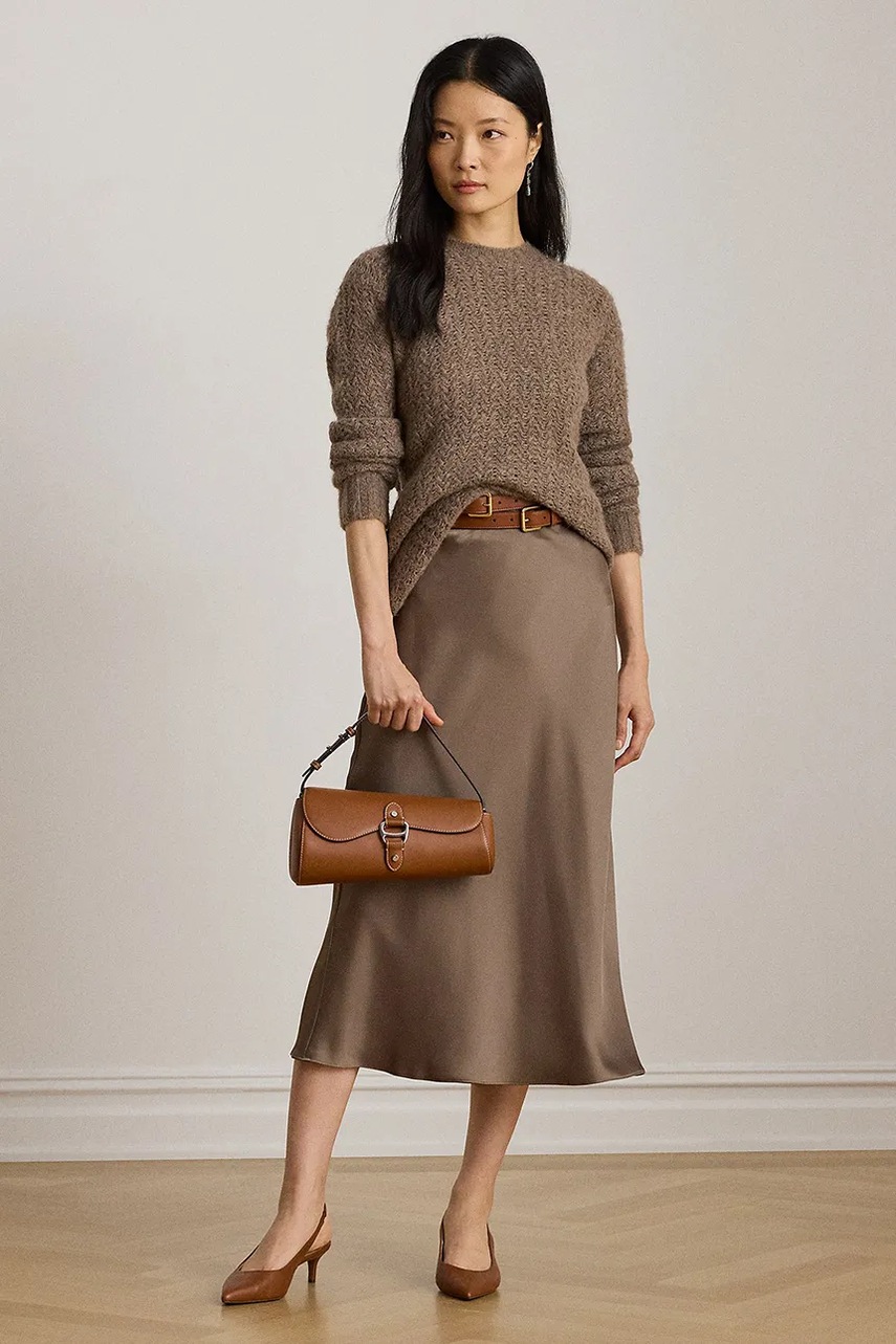 Levně Sukně Lauren Ralph Lauren hnědá barva, midi, áčková, 200951232