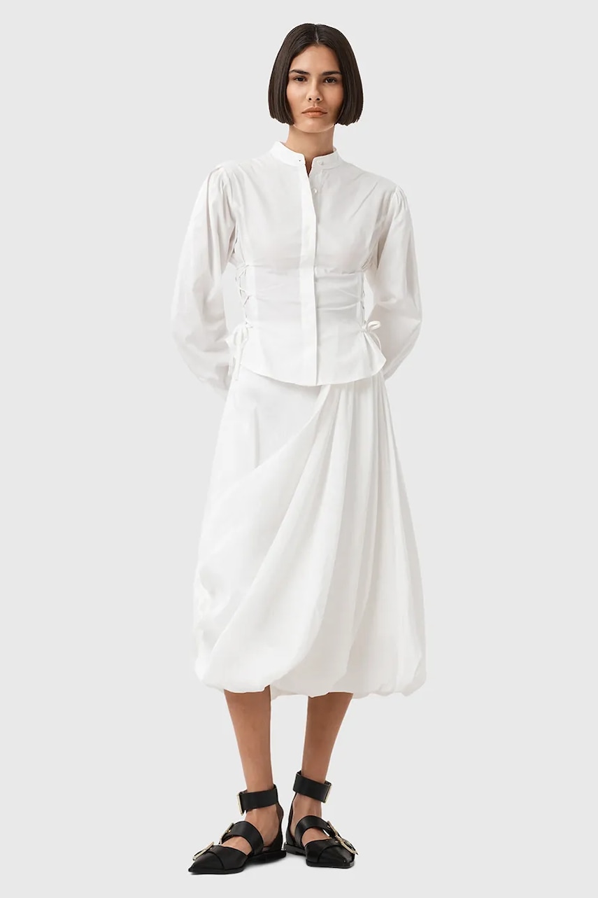 AllSaints fustă NIA culoarea alb, midi, evazați, W001RD