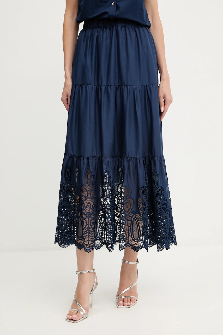 Morgan fustă din bumbac culoarea bleumarin, maxi, evazați, JBOY