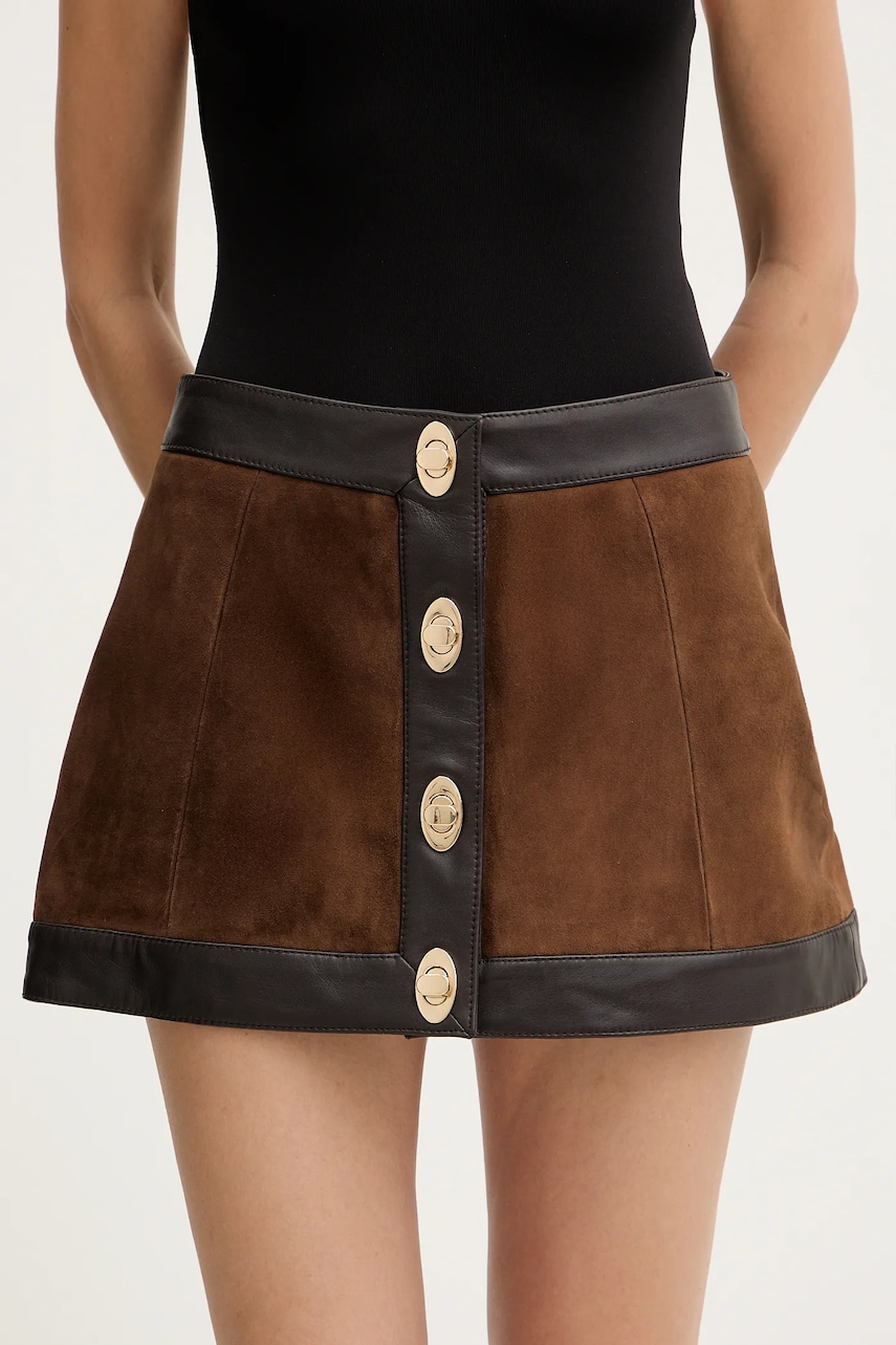 Retrofete fustă din piele intoarsa Lisbeth culoarea maro, mini, drept, R-FW25-12094-16