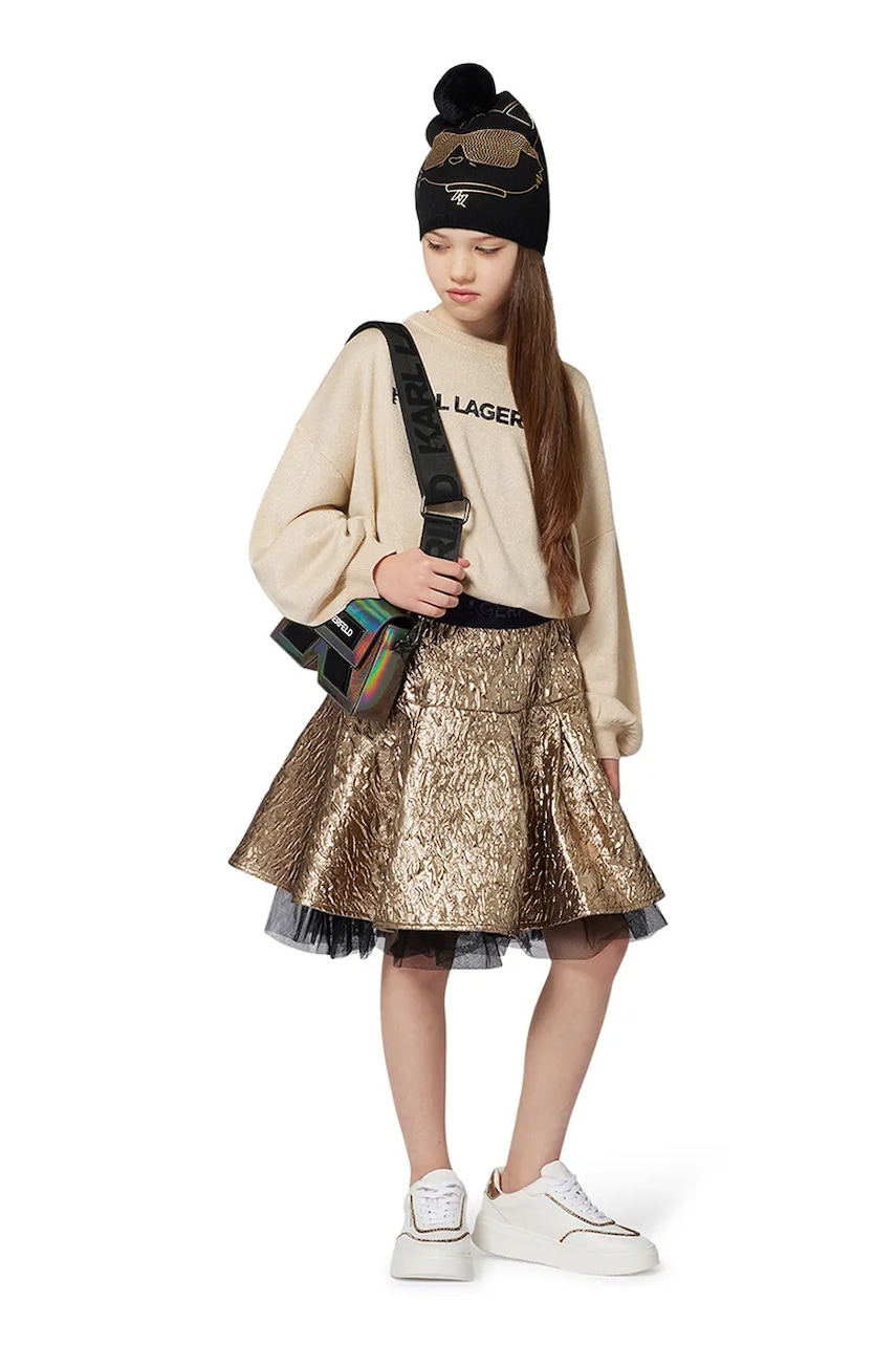 Levně Dětská sukně Karl Lagerfeld zlatá barva, mini, áčková, Z30598