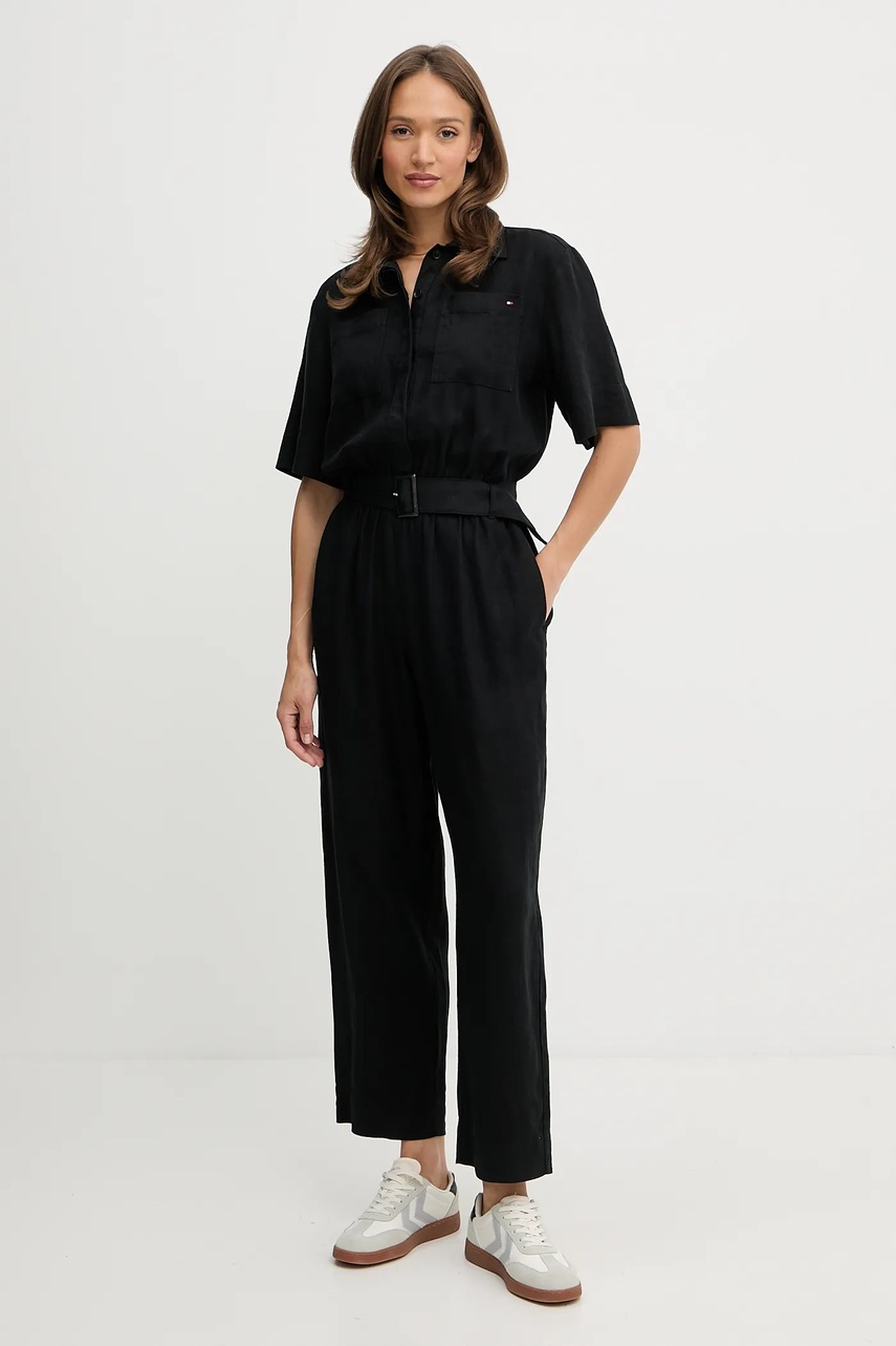 Льняной комбинезон Tommy Hilfiger цвет чёрный с воротником WW0WW47168