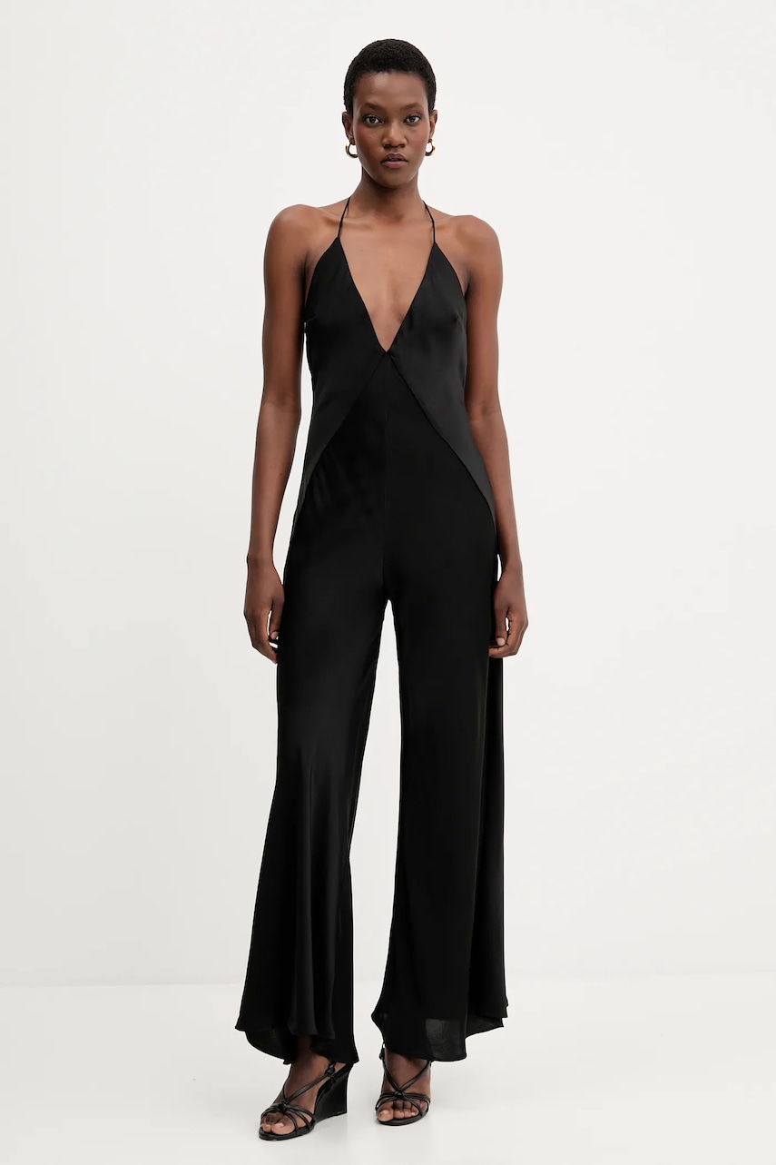 Bardot salopetă culoarea negru, cu decolteu in v, 59938PB