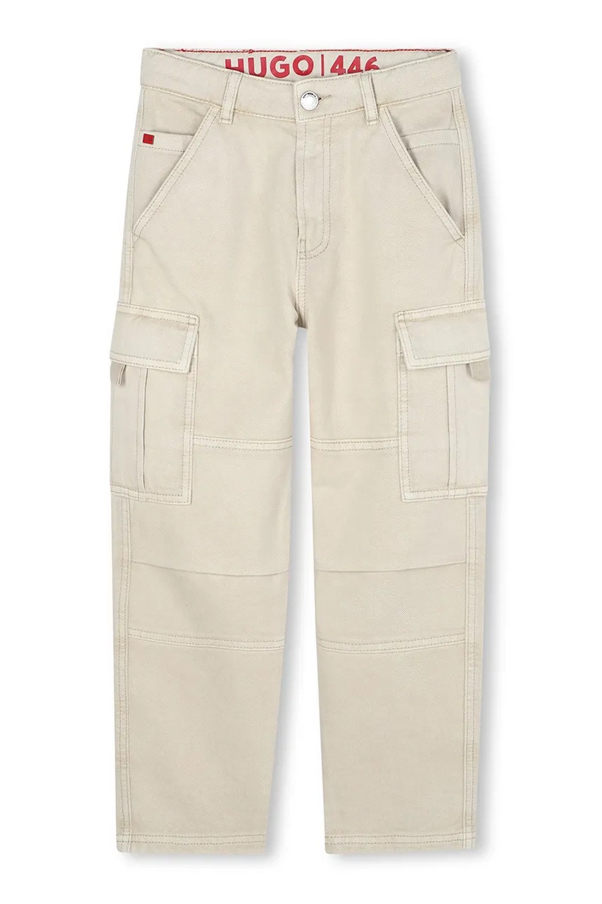 Детские хлопковые брюки HUGO цвет бежевый однотонные G00480