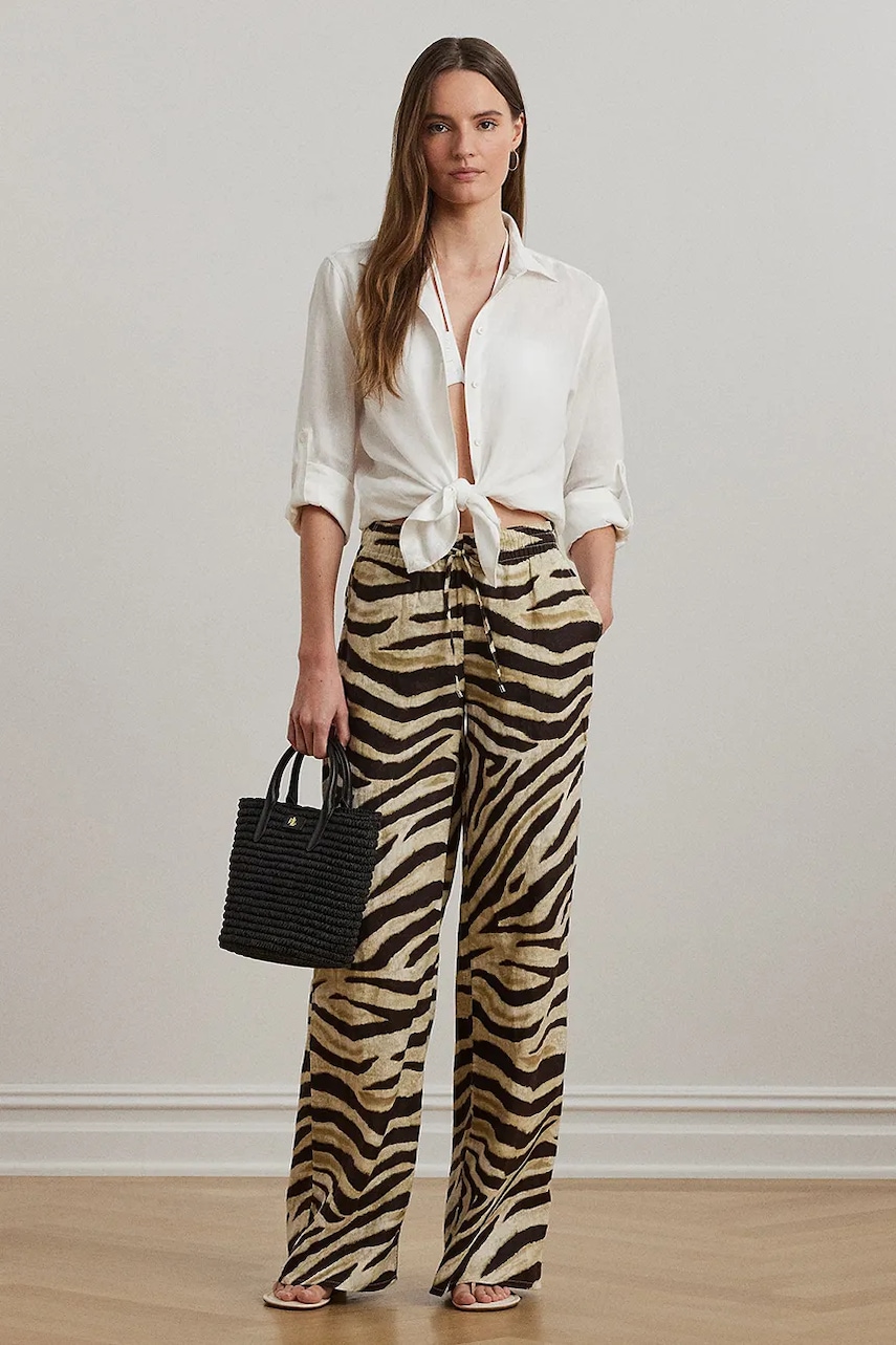 Levně Lněné kalhoty Lauren Ralph Lauren dámské, bílá barva, široké, high waist, 200970777