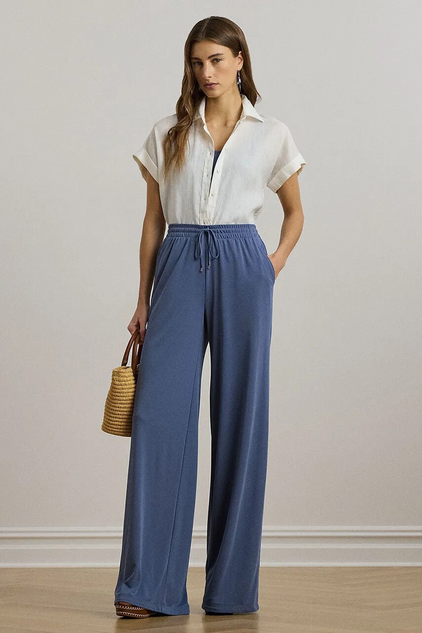 Levně Kalhoty Lauren Ralph Lauren dámské, modrá barva, široké, high waist, 200971075