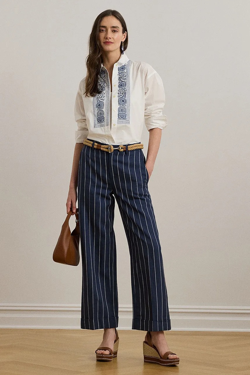 Levně Kalhoty s příměsí lnu Lauren Ralph Lauren dámské, tmavomodrá barva, široké, high waist, 200978536