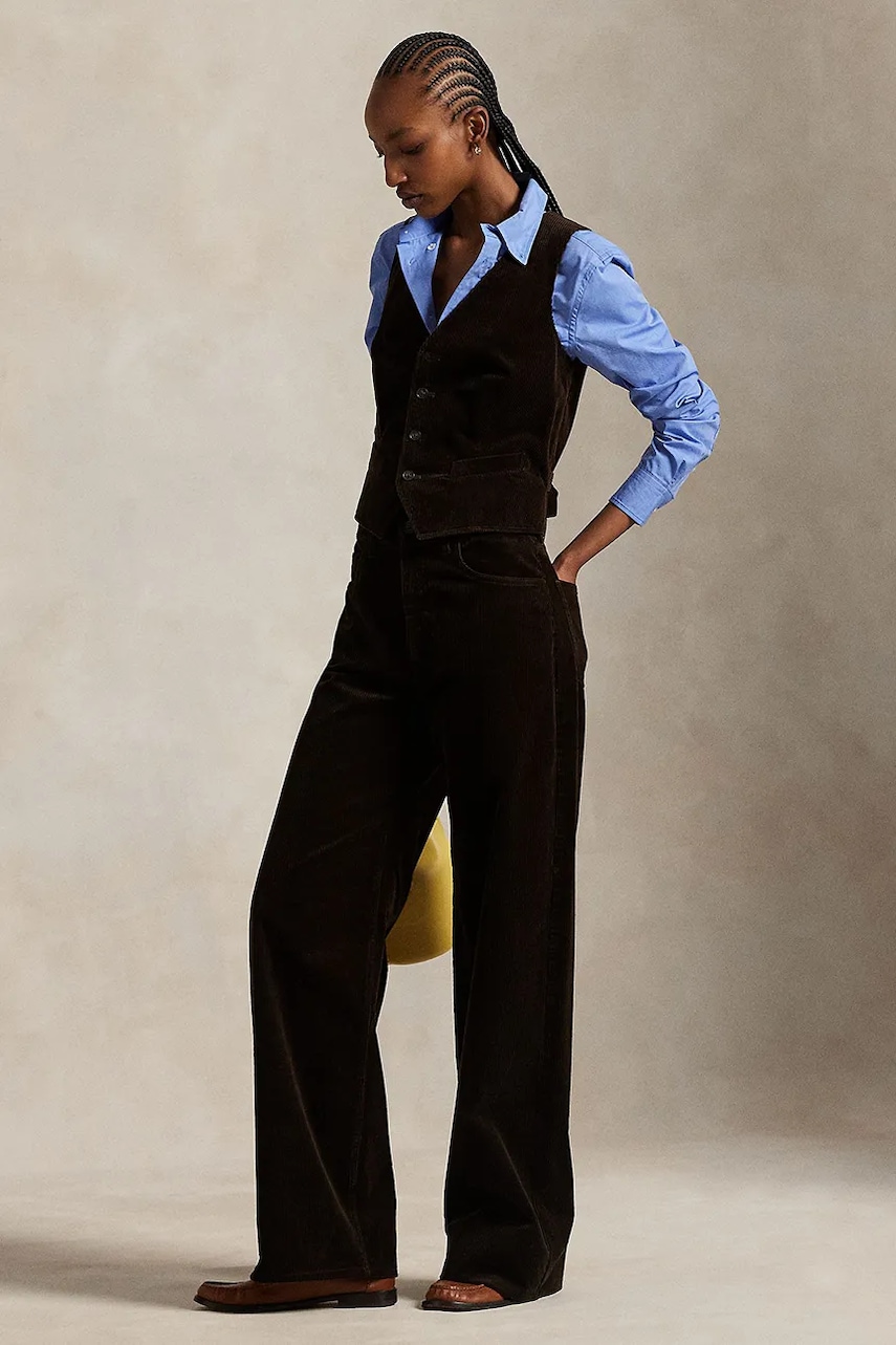 Levně Manšestrové kalhoty Polo Ralph Lauren dámské, hnědá barva, high waist, 211A87463