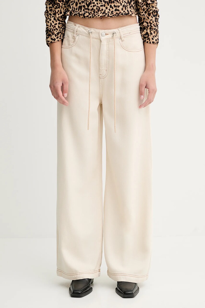 MUNTHE pantaloni OBEY culoarea bej, lat, high waist, 252141525206