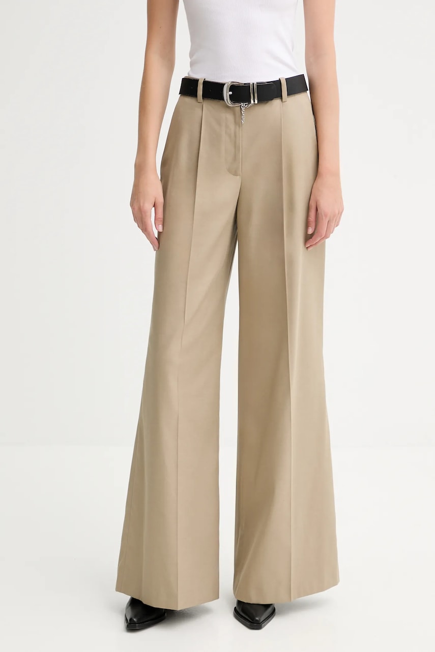 IRO pantaloni din lână culoarea verde, lat, high waist, WP23SOULY