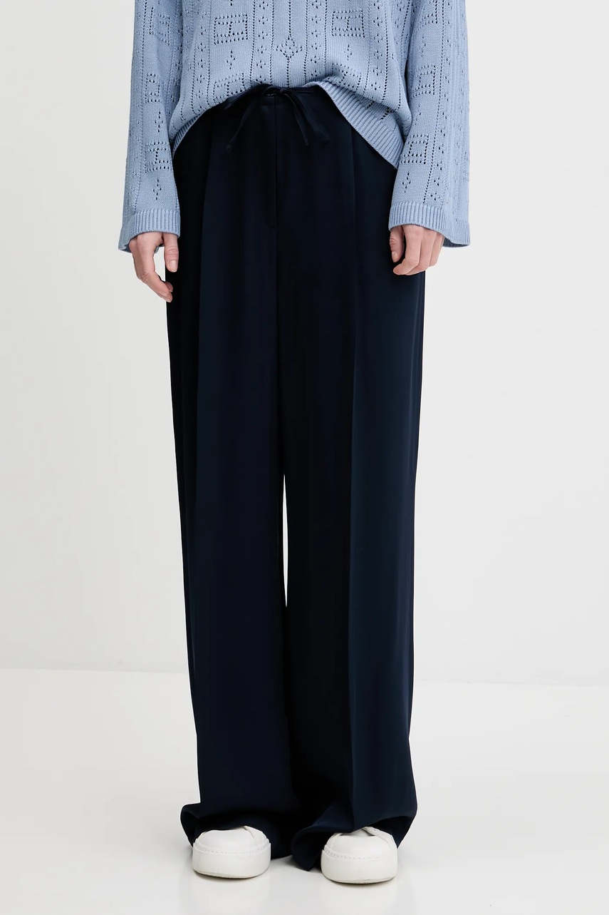 Levně Kalhoty Tommy Hilfiger dámské, tmavomodrá barva, široké, high waist, WW0WW47171
