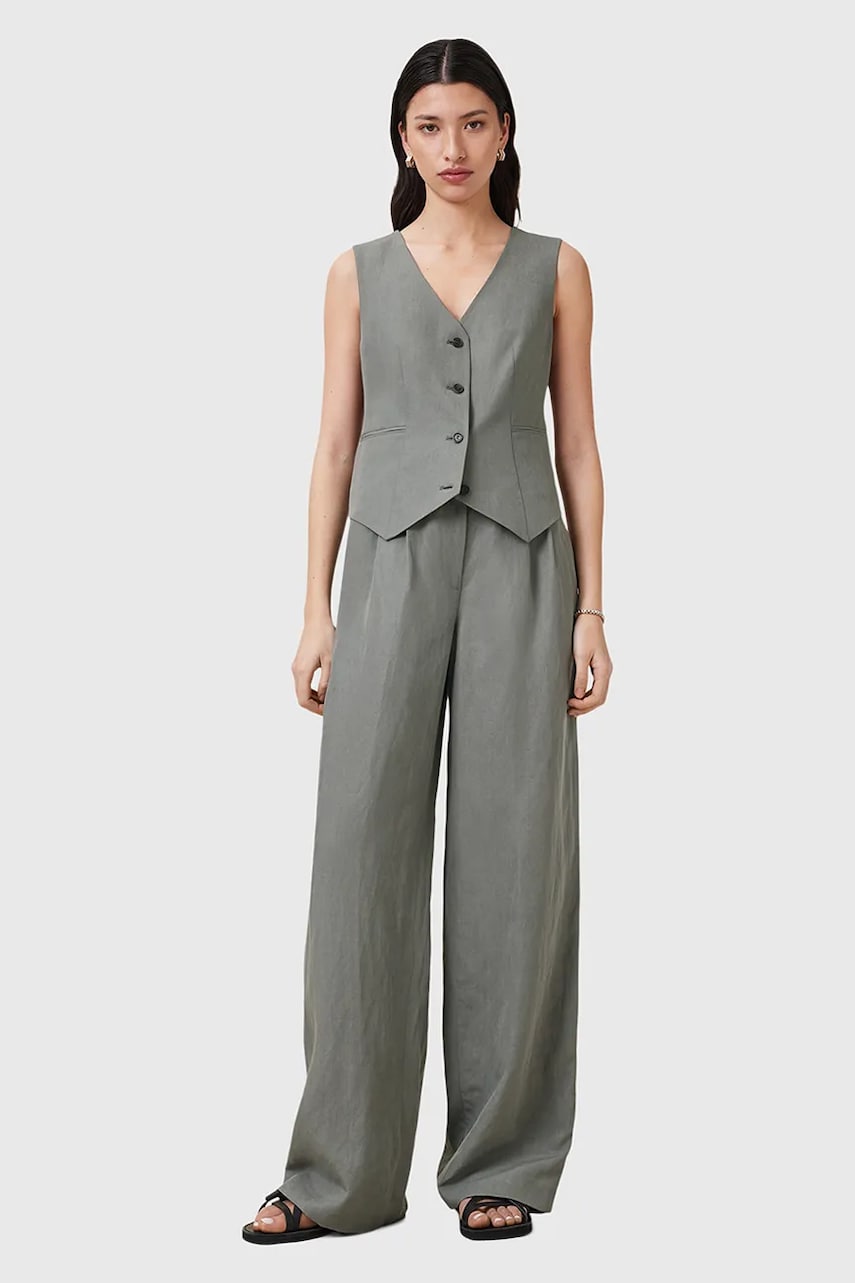 AllSaints pantaloni AVERIE culoarea gri, lat, medium waist, W045QC