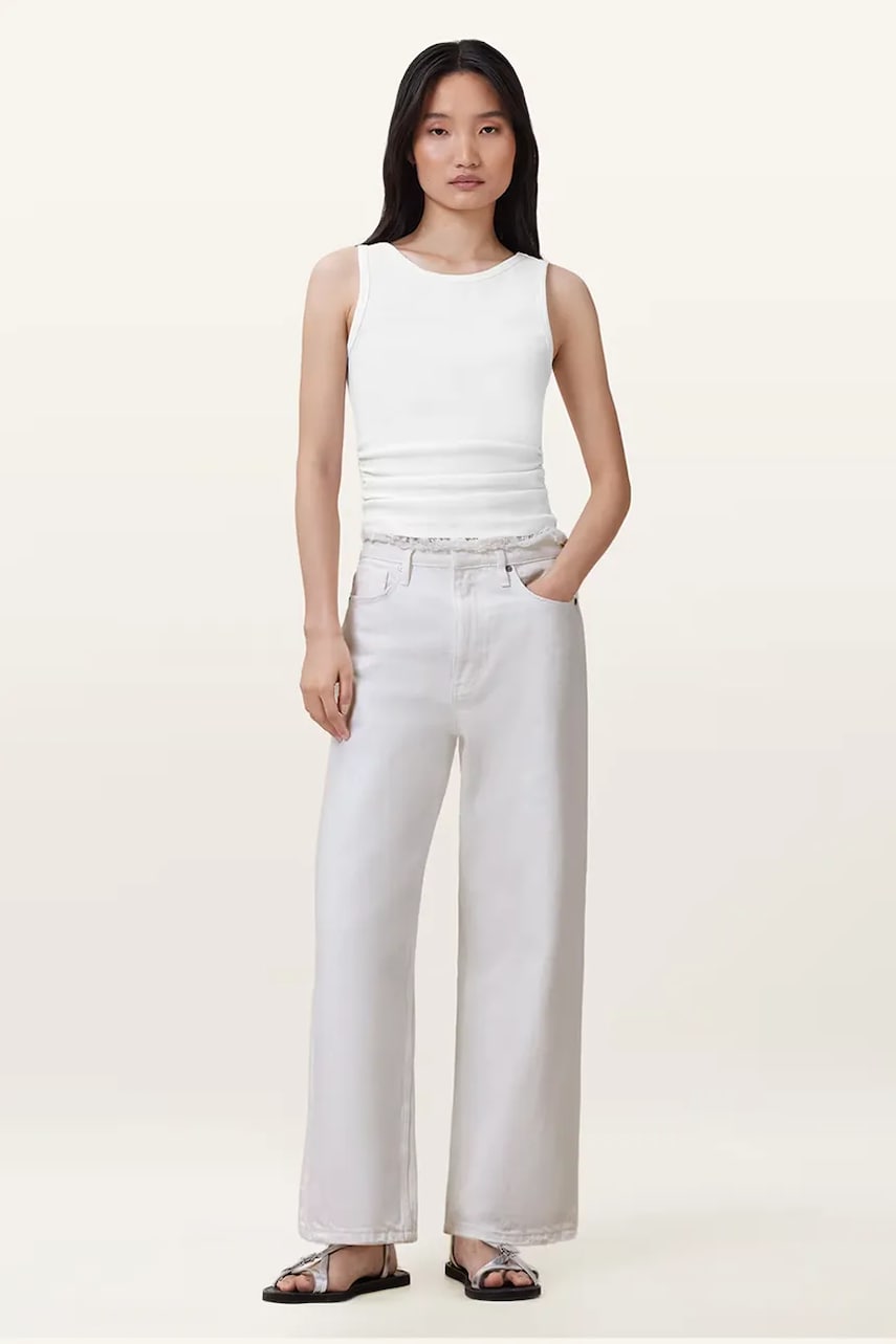 AllSaints pantaloni din bumbac BLAKE culoarea alb, lat, medium waist, W091EC