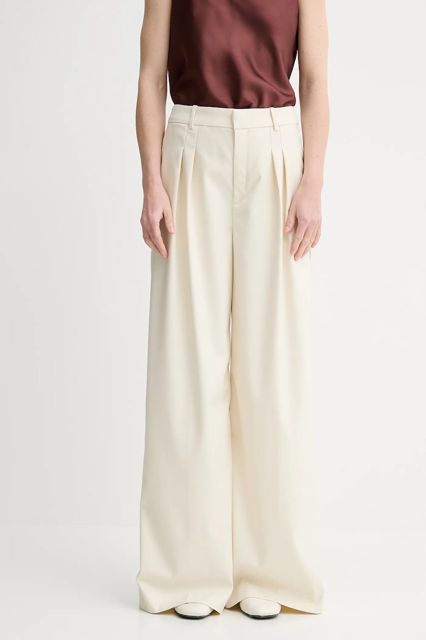 Gestuz pantaloni culoarea bej, lat, high waist, 10910171