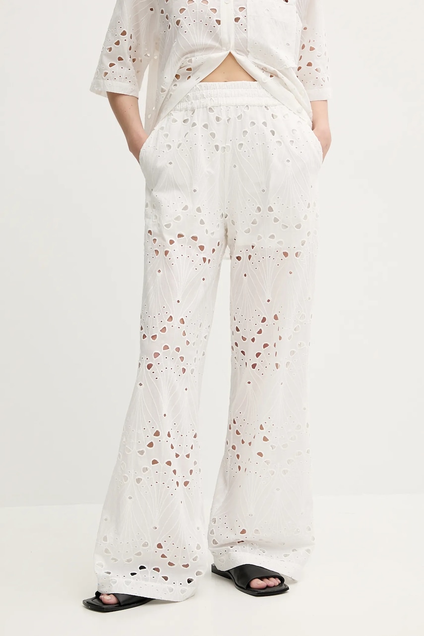 Gestuz pantaloni din bumbac culoarea alb, lat, high waist, 10910510